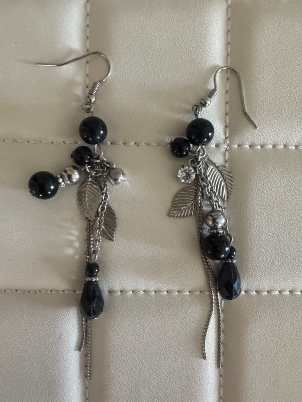 Sterling Leaf & Black Bead Drop Earrings - Women Jewelry - Picture 2 of 4